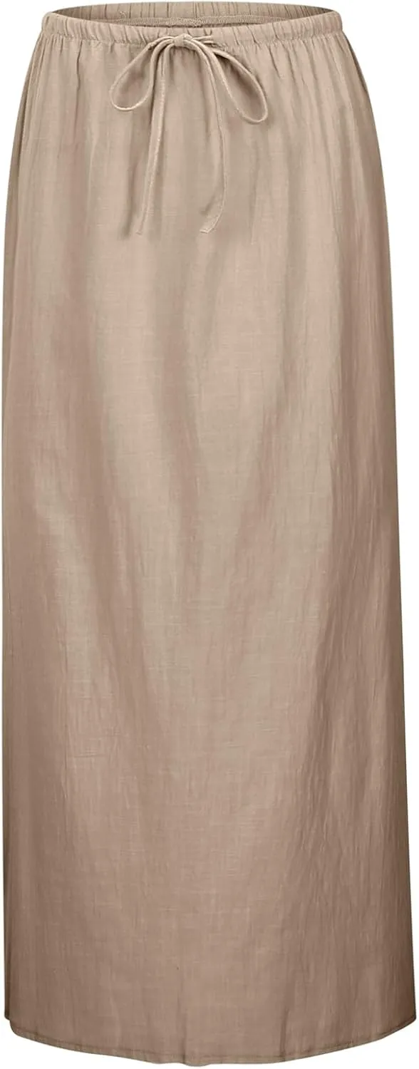 Linen Maxi Skirts for Women Flowy Summer High Waisted Drawstring Ankle-Length A Line Skirts Casual Beach Vacation Boho Dress
