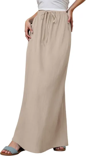 Linen Maxi Skirts for Women Flowy Summer High Waisted Drawstring Ankle-Length A Line Skirts Casual Beach Vacation Boho Dress