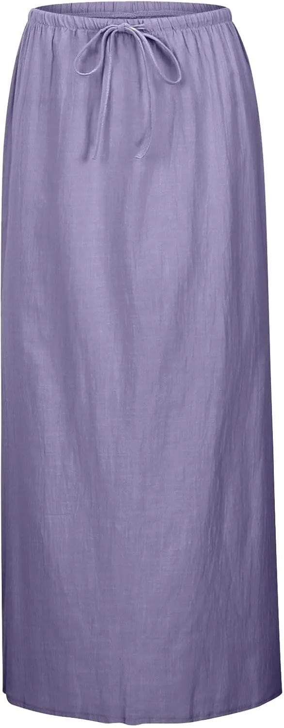 Linen Maxi Skirts for Women Summer Elastic Flared A-Line Maxi Skirts Comfy 2025 Flowy Party Long Boho Dress Skirts