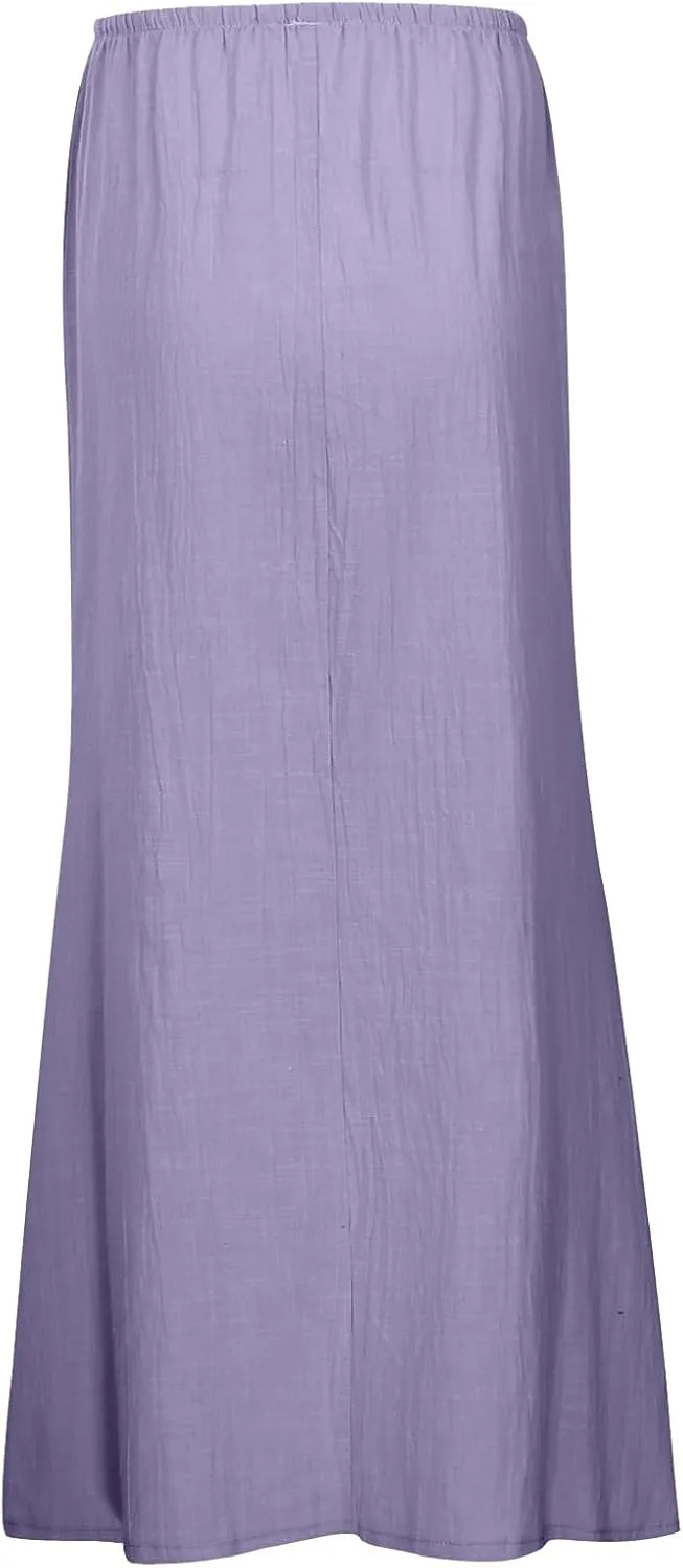 Linen Maxi Skirts for Women Summer Elastic Flared A-Line Maxi Skirts Comfy 2025 Flowy Party Long Boho Dress Skirts