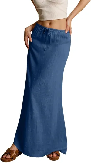 Linen Maxi Skirts for Women Trendy Summer Comfy Drawstring A Line Skirts Casual Beach Vacation Flowy Long Skirts
