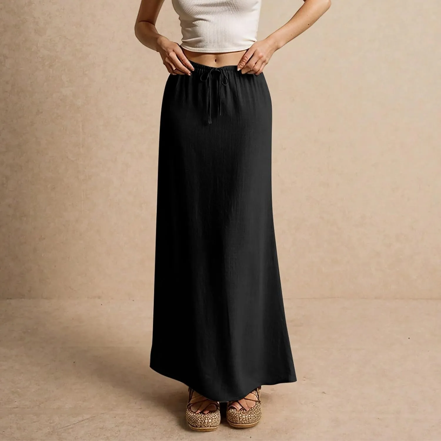 Linen Maxi Skirts for Women Trendy Summer Comfy Drawstring Waist A Line Skirts Cute Vacation Boho Long Flowy Skirts