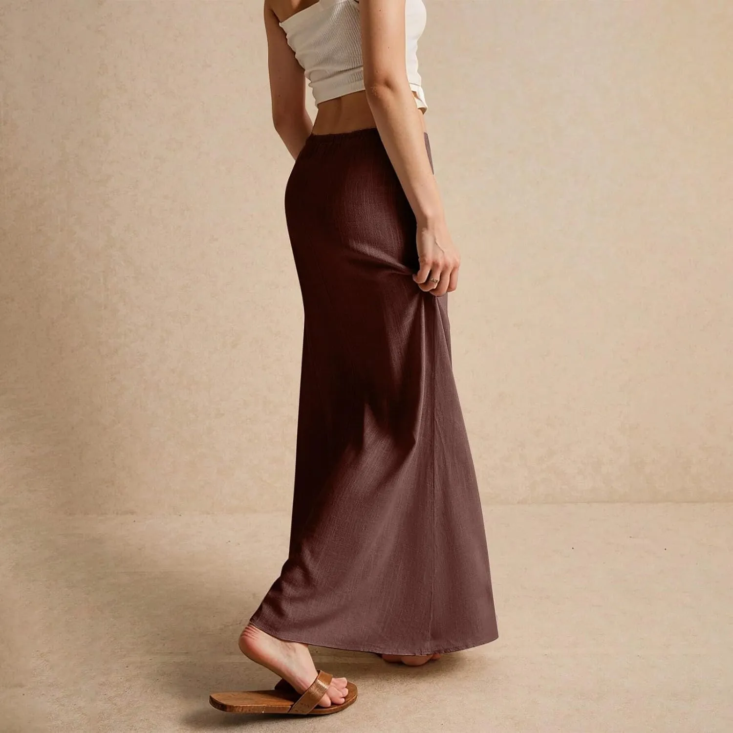 Linen Maxi Skirts for Women Trendy Summer Comfy Drawstring Waist A Line Skirts Cute Vacation Boho Long Flowy Skirts