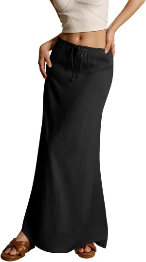 Linen Maxi Skirts for Women Trendy Summer Comfy Drawstring Waist A Line Skirts Cute Vacation Boho Long Flowy Skirts
