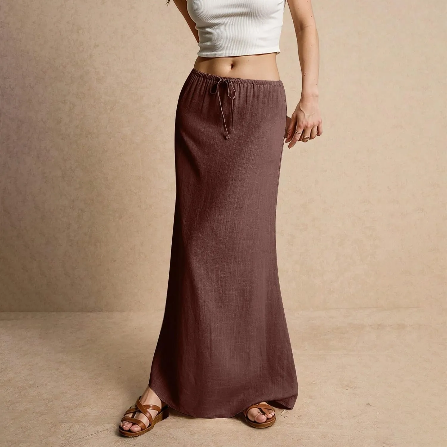 Linen Maxi Skirts for Women Trendy Summer Comfy Drawstring Waist A Line Skirts Cute Vacation Boho Long Flowy Skirts