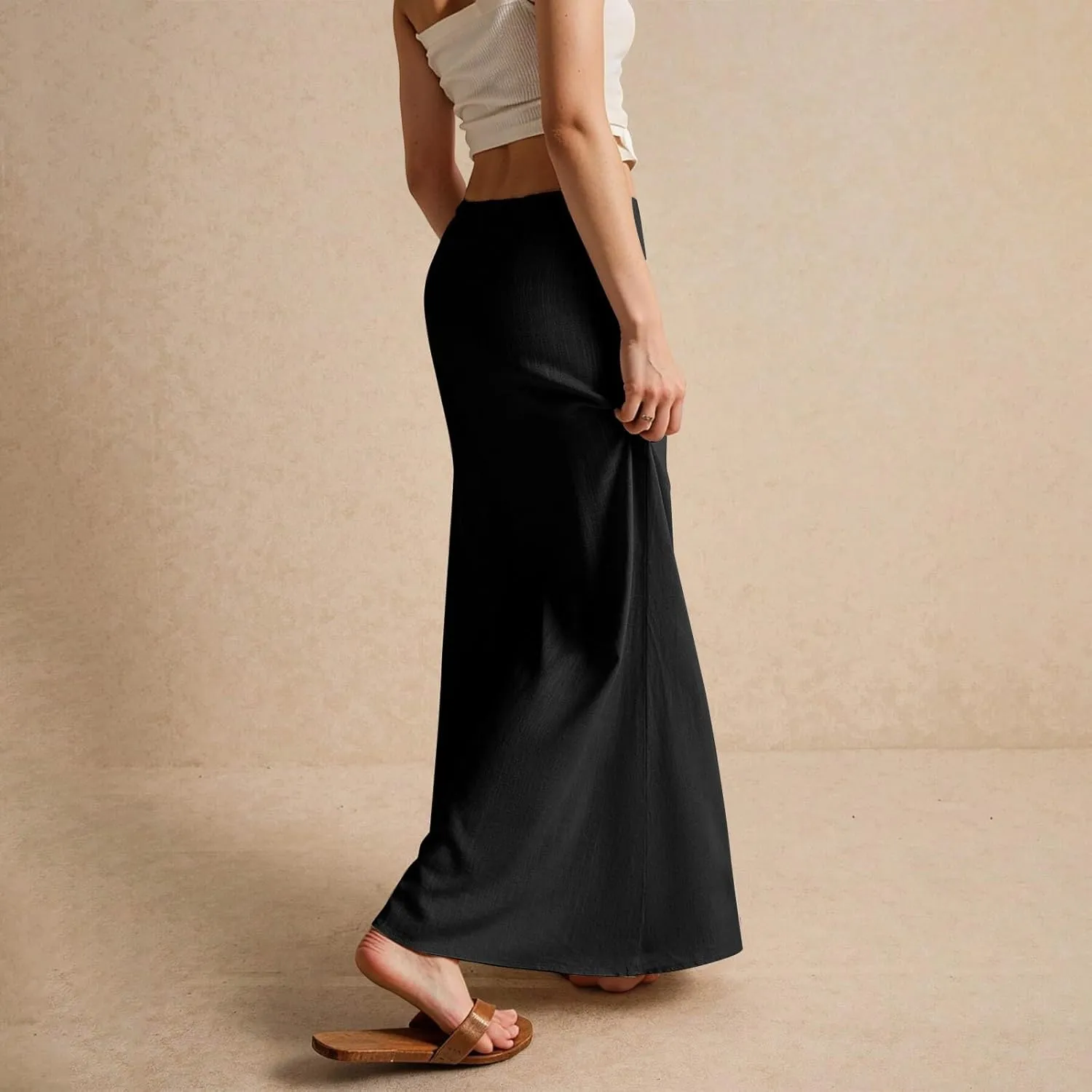 Linen Maxi Skirts for Women Trendy Summer Comfy Drawstring Waist A Line Skirts Cute Vacation Boho Long Flowy Skirts