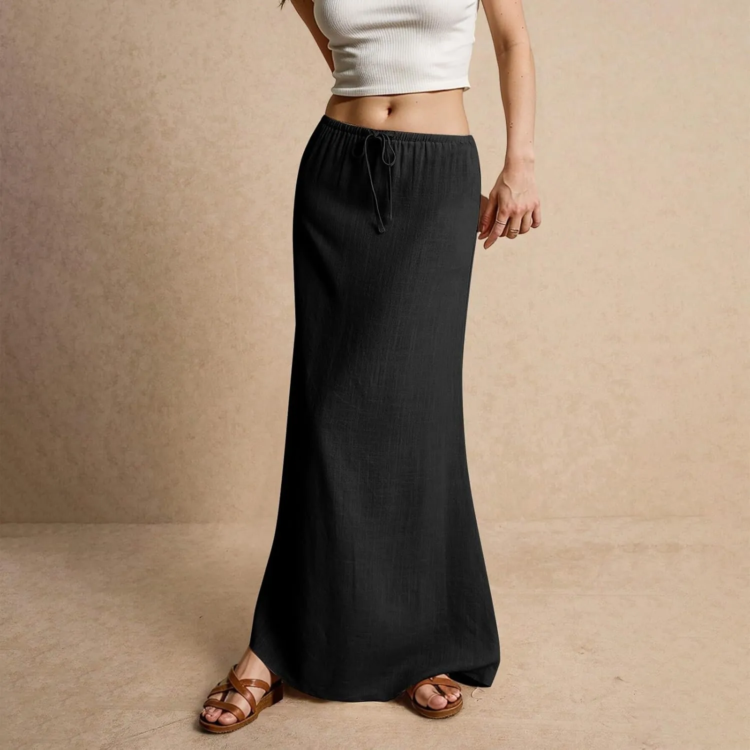 Linen Maxi Skirts for Women Trendy Summer Comfy Drawstring Waist A Line Skirts Cute Vacation Boho Long Flowy Skirts