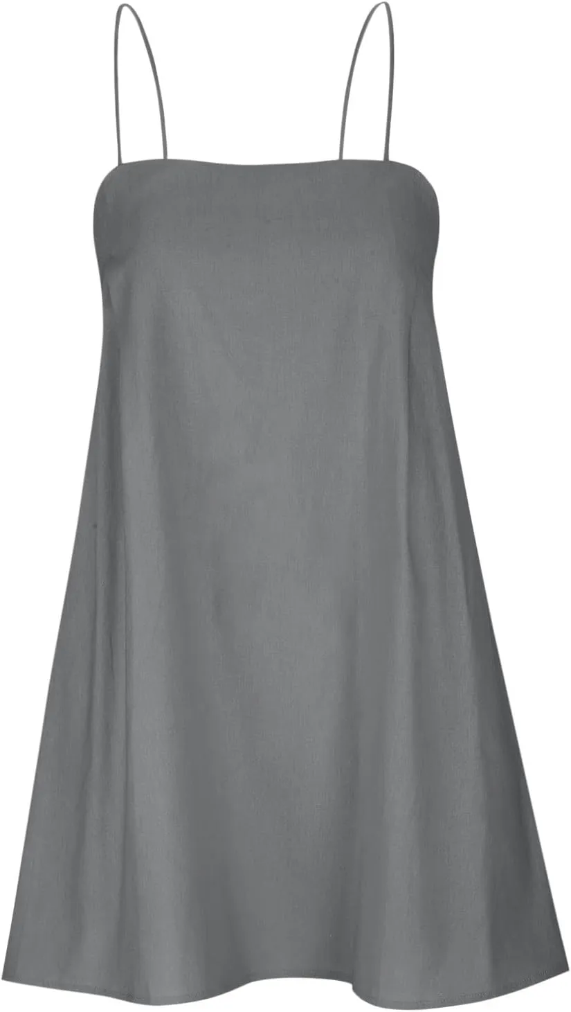 Linen Mini Dress Women Spaghetti Strap Summer Dress Loose Sleeveless Beachwear A-Line Casual Dress Short Cami Dress