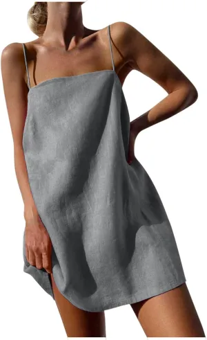 Linen Mini Dress Women Spaghetti Strap Summer Dress Loose Sleeveless Beachwear A-Line Casual Dress Short Cami Dress