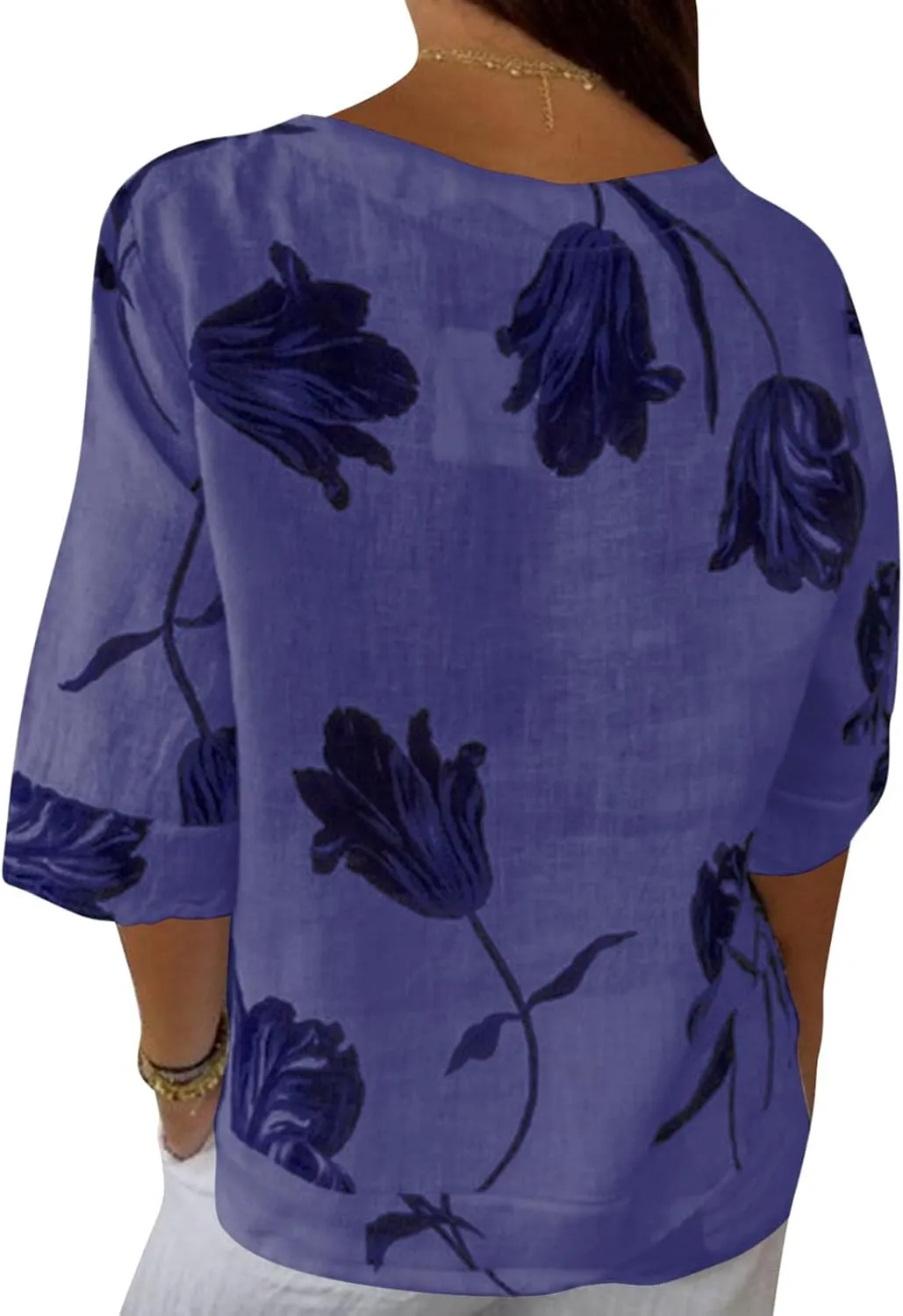 Linen Shirts for Women Button V Neck 3/4 Sleeve Cotton Linen Shirt Blouse Floral Loose Summer Vacation Beach Tee Top