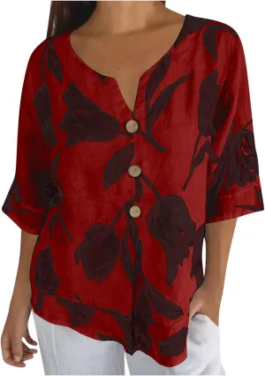 Linen Shirts for Women Button V Neck 3/4 Sleeve Cotton Linen Shirt Blouse Floral Loose Summer Vacation Beach Tee Top