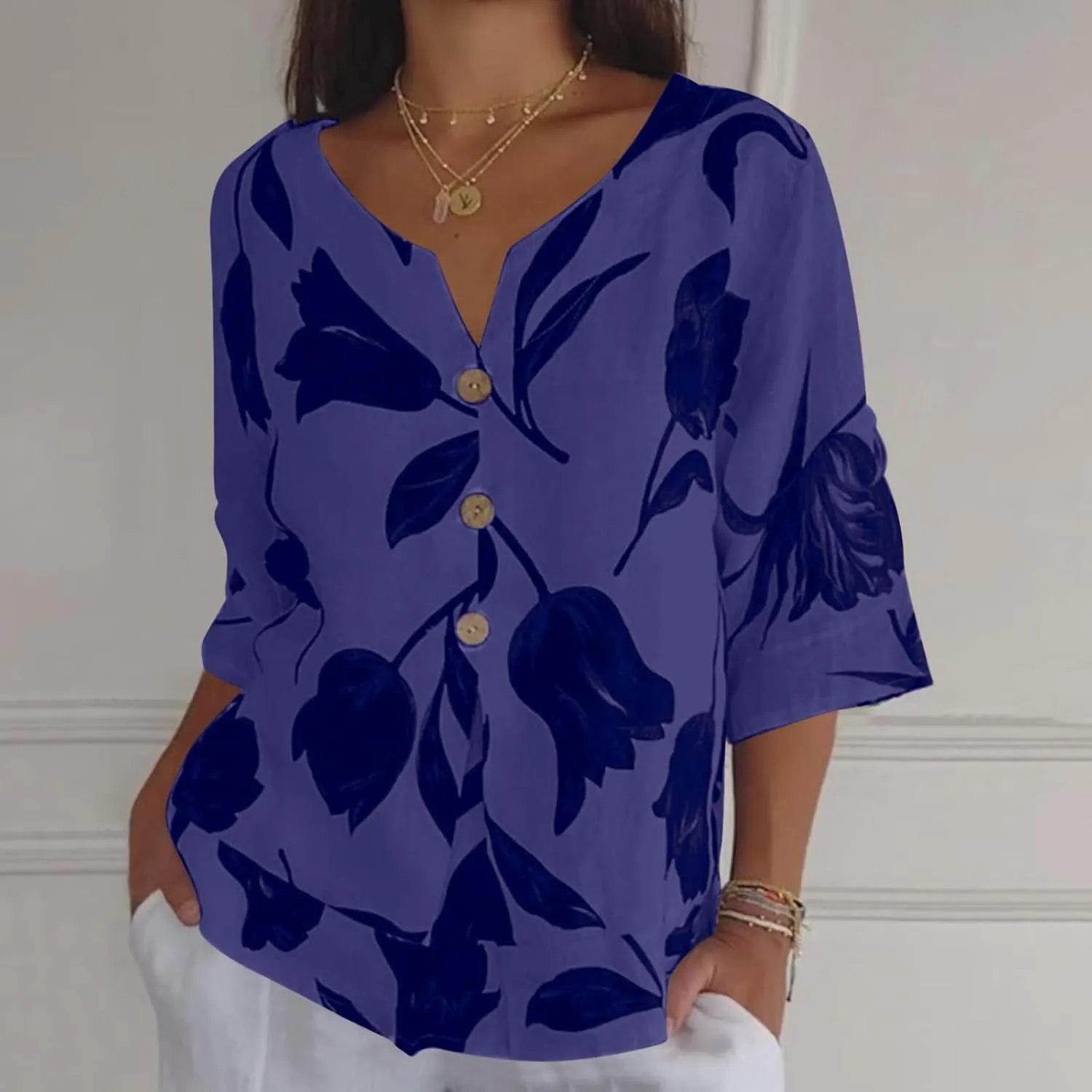Linen Shirts for Women Button V Neck 3/4 Sleeve Cotton Linen Shirt Blouse Floral Loose Summer Vacation Beach Tee Top