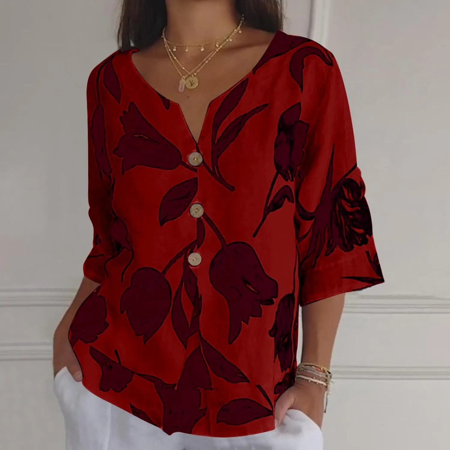 Linen Shirts for Women Button V Neck 3/4 Sleeve Cotton Linen Shirt Blouse Floral Loose Summer Vacation Beach Tee Top
