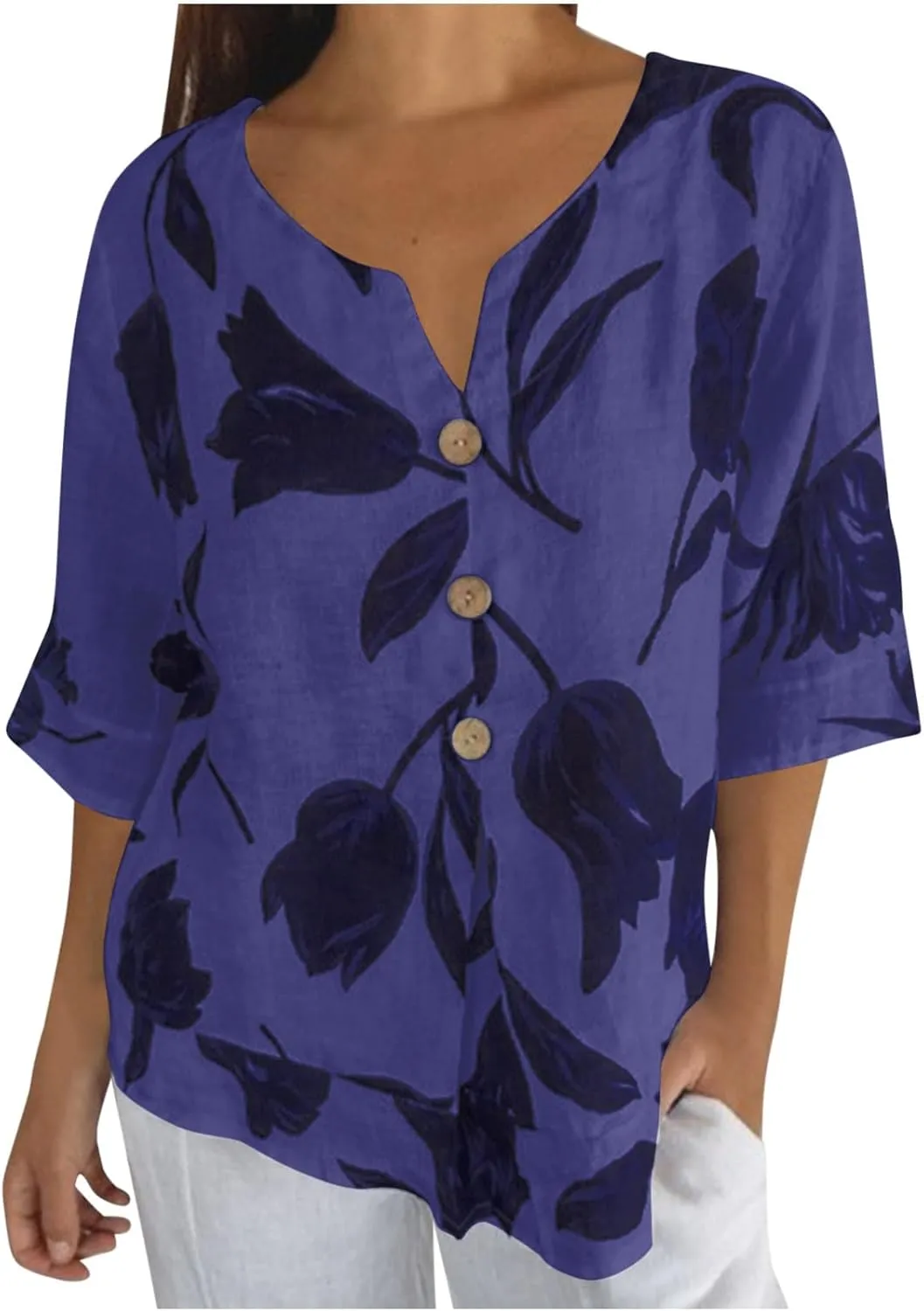 Linen Shirts for Women Button V Neck 3/4 Sleeve Cotton Linen Shirt Blouse Floral Loose Summer Vacation Beach Tee Top