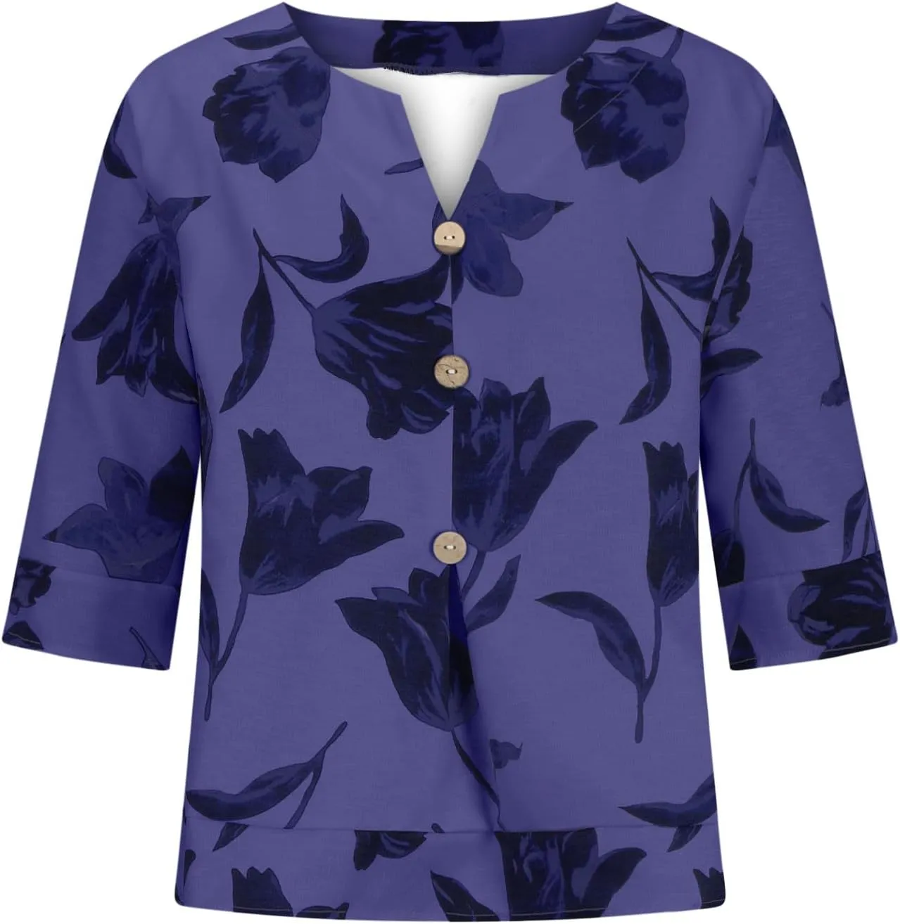 Linen Shirts for Women Button V Neck 3/4 Sleeve Cotton Linen Shirt Blouse Floral Loose Summer Vacation Beach Tee Top