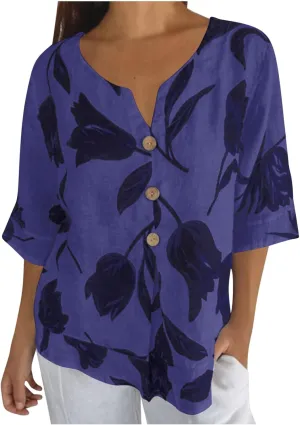 Linen Shirts for Women Button V Neck 3/4 Sleeve Cotton Linen Shirt Blouse Floral Loose Summer Vacation Beach Tee Top