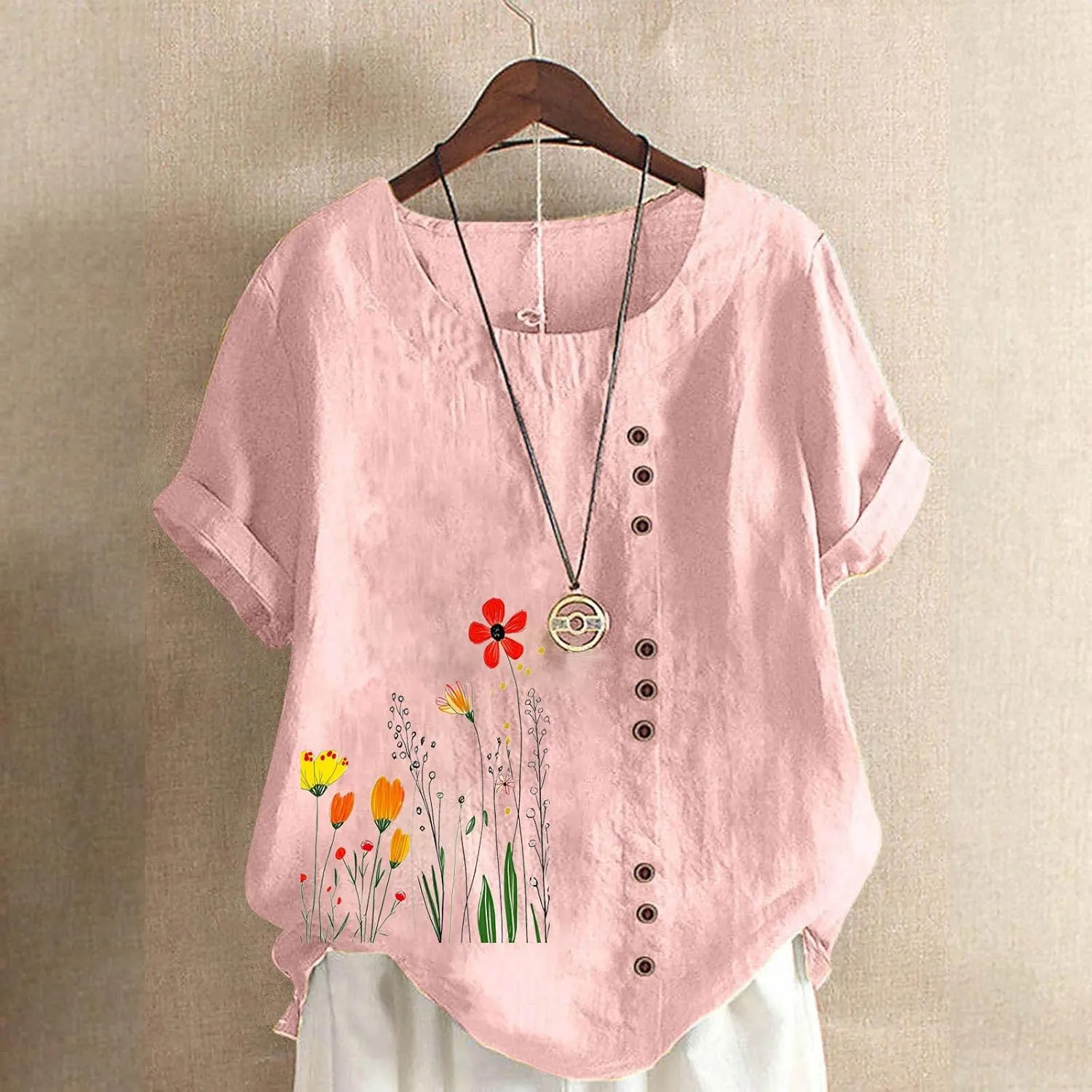 Linen Shirts for Women Printed Short Sleeve Button T-Shirt Blouse Top Casual Crewneck Cotton Linen Tee Shirts Blouses
