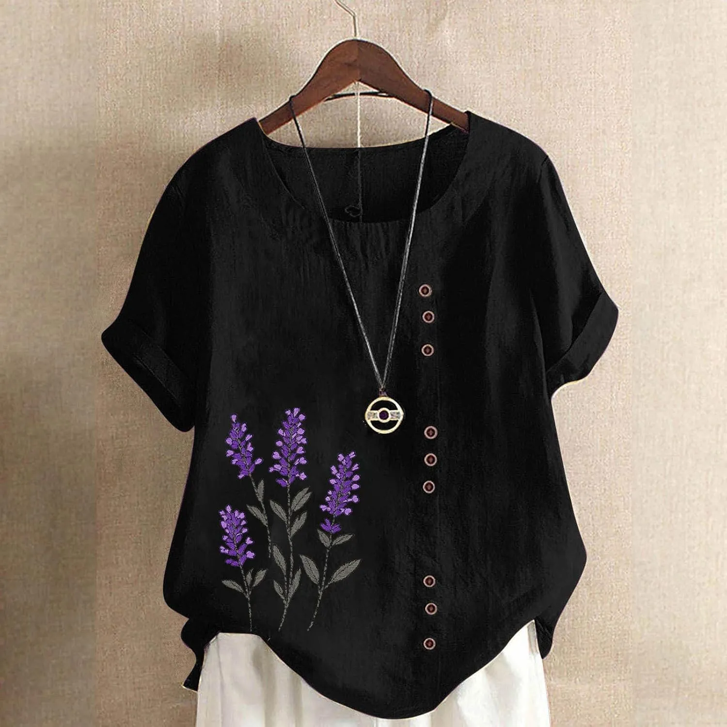 Linen Shirts for Women Printed Short Sleeve Button T-Shirt Blouse Top Casual Crewneck Cotton Linen Tee Shirts Blouses