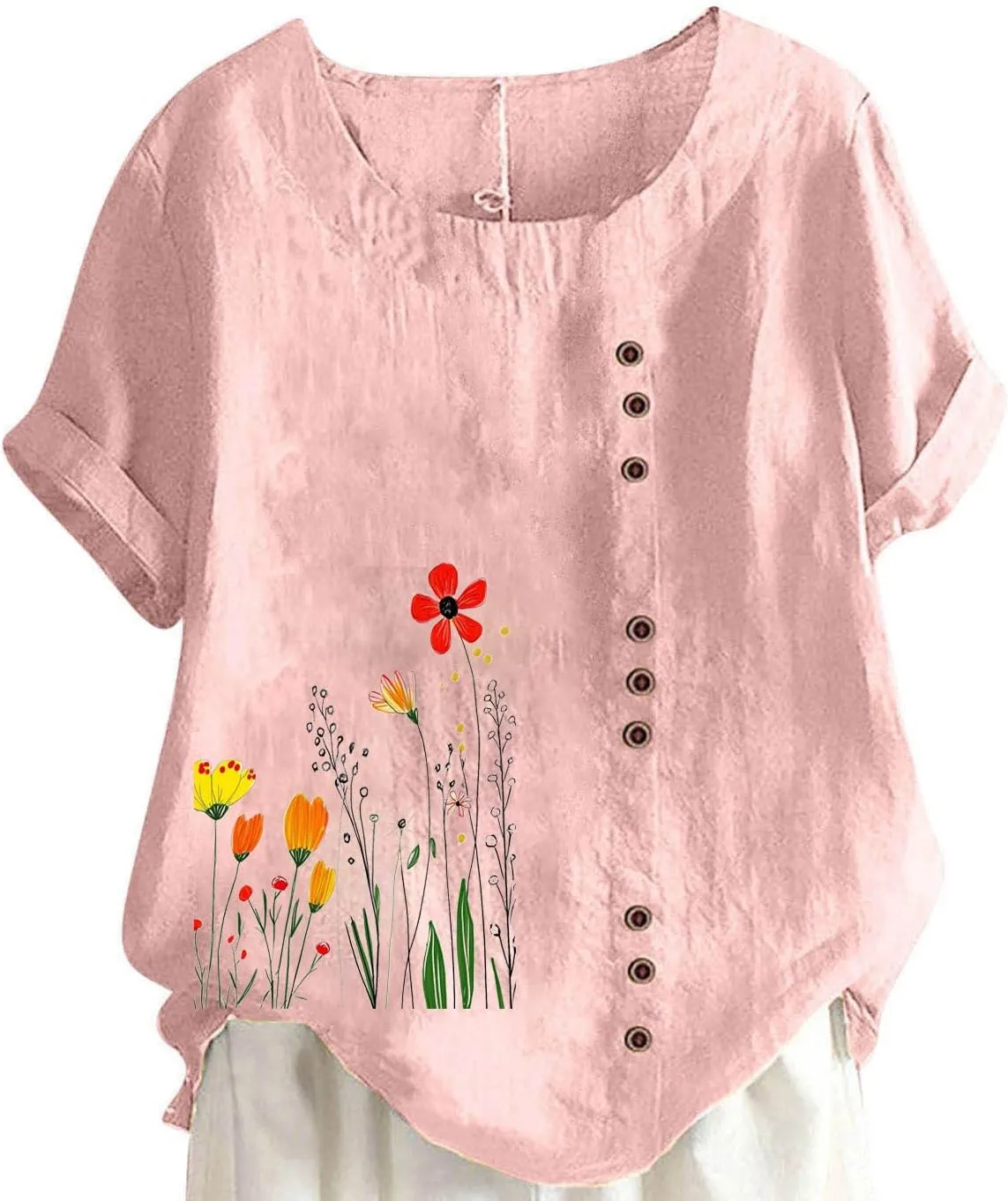 Linen Shirts for Women Printed Short Sleeve Button T-Shirt Blouse Top Casual Crewneck Cotton Linen Tee Shirts Blouses