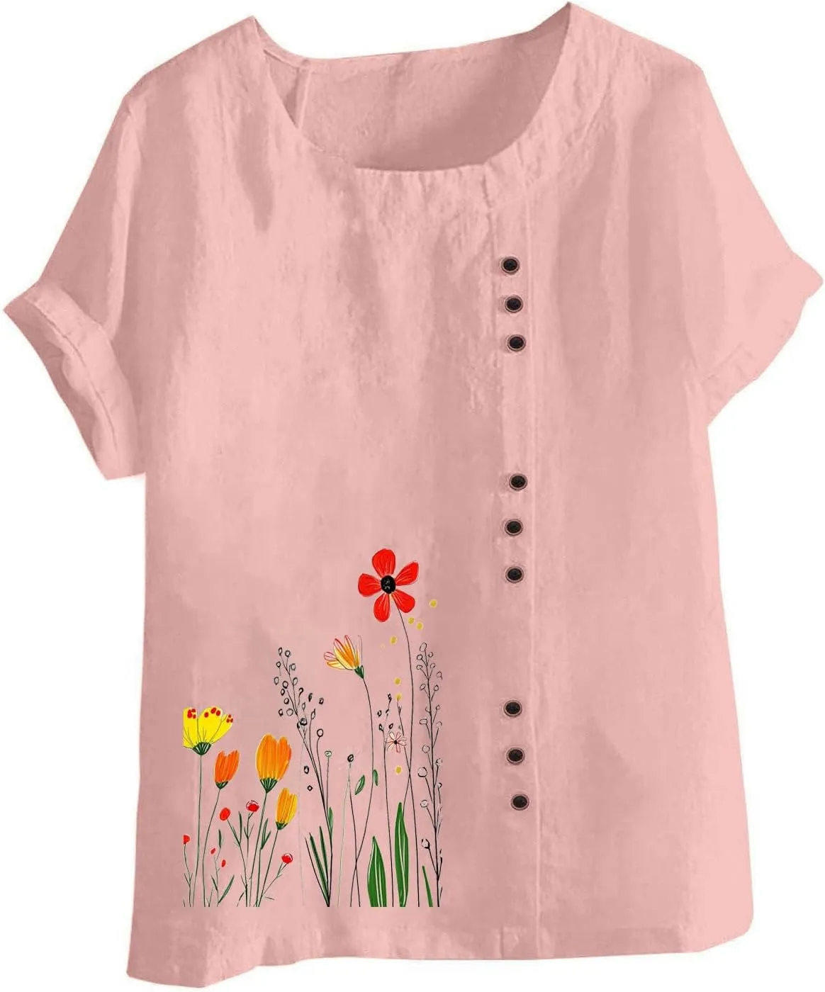 Linen Shirts for Women Printed Short Sleeve Button T-Shirt Blouse Top Casual Crewneck Cotton Linen Tee Shirts Blouses