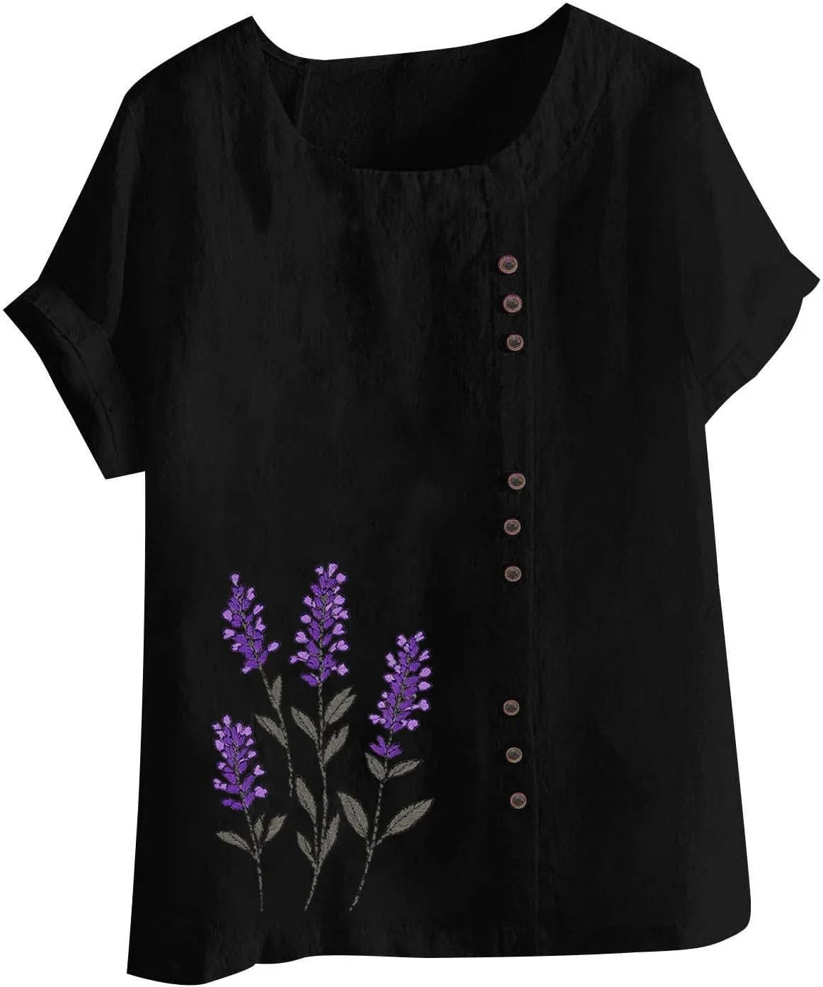 Linen Shirts for Women Printed Short Sleeve Button T-Shirt Blouse Top Casual Crewneck Cotton Linen Tee Shirts Blouses