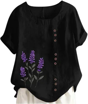 Linen Shirts for Women Printed Short Sleeve Button T-Shirt Blouse Top Casual Crewneck Cotton Linen Tee Shirts Blouses