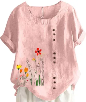 Linen Shirts for Women Printed Short Sleeve Button T-Shirt Blouse Top Casual Crewneck Cotton Linen Tee Shirts Blouses