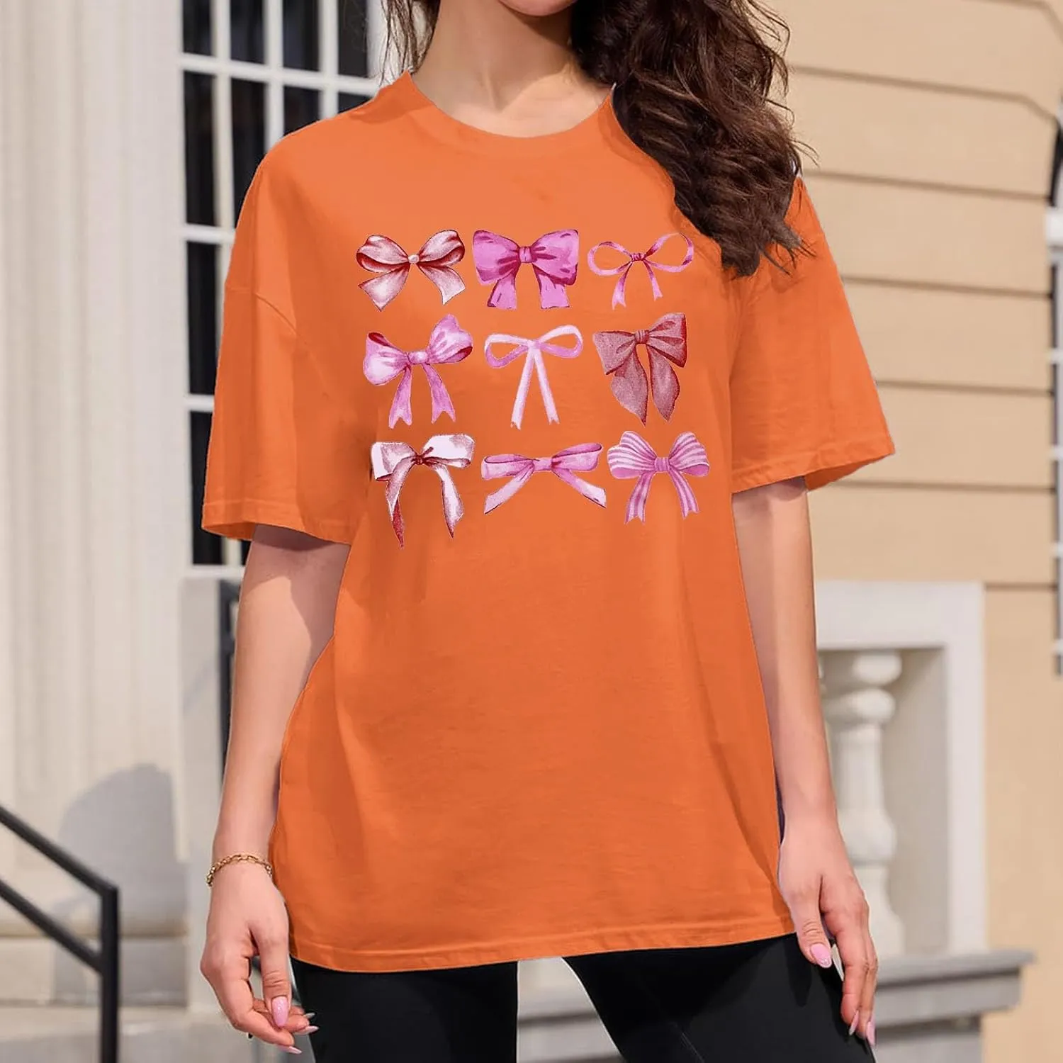 Linen Shirts for Women Summer Loose Fit Crewneck Funny Bow Print Short Sleeve T Shirt Fitness Tunic Top Trendy Blouse