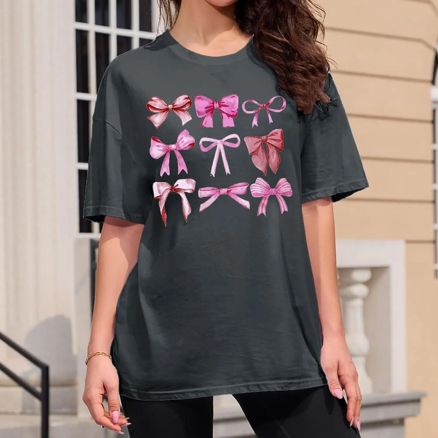 Linen Shirts for Women Summer Loose Fit Crewneck Funny Bow Print Short Sleeve T Shirt Fitness Tunic Top Trendy Blouse