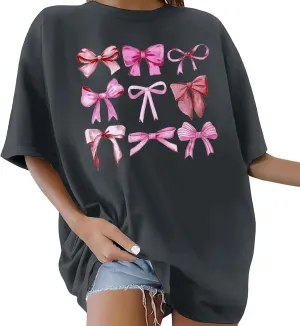 Linen Shirts for Women Summer Loose Fit Crewneck Funny Bow Print Short Sleeve T Shirt Fitness Tunic Top Trendy Blouse