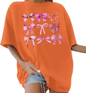 Linen Shirts for Women Summer Loose Fit Crewneck Funny Bow Print Short Sleeve T Shirt Fitness Tunic Top Trendy Blouse