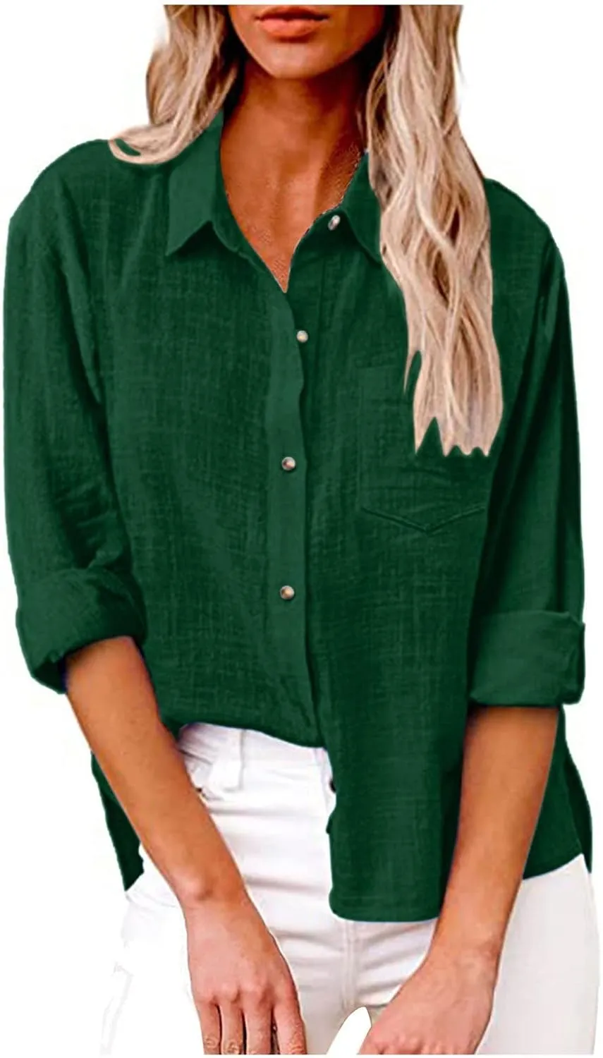 Linen Shirts for Women Trendy Solid Long Sleeve Collared Button Down Shirts Ladies Tops and Blouses Summer Clothes
