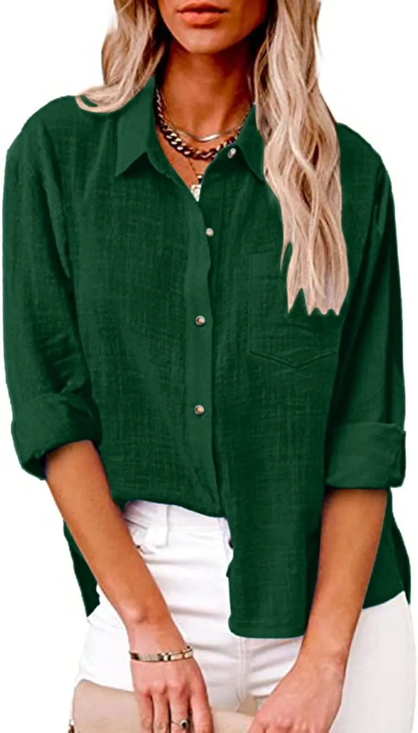 Linen Shirts for Women Trendy Solid Long Sleeve Collared Button Down Shirts Ladies Tops and Blouses Summer Clothes