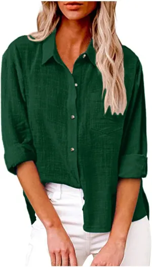 Linen Shirts for Women Trendy Solid Long Sleeve Collared Button Down Shirts Ladies Tops and Blouses Summer Clothes