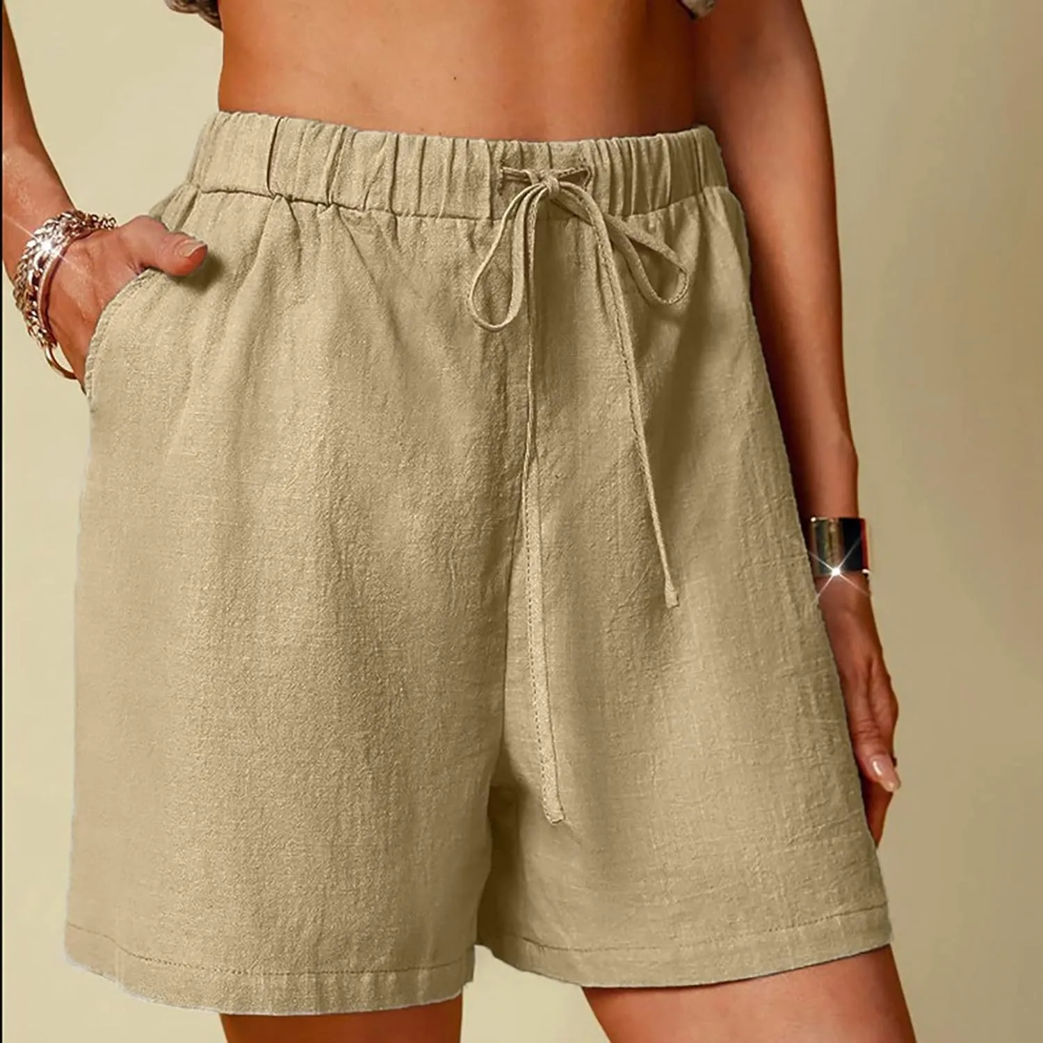 Linen Shorts for Women Casual Summer Shorts High Waisted Athletic Shorts Lounge Workout Drawstring Shorts with Pocket