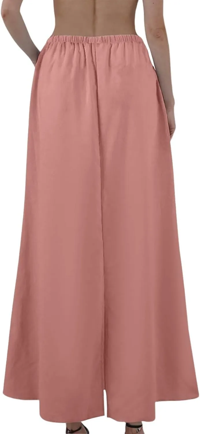Linen Skirts for Women Drawstring High Waisted Back Slit Maxi Skirt Summer Vacation Long Pencil Skirt with Pockets