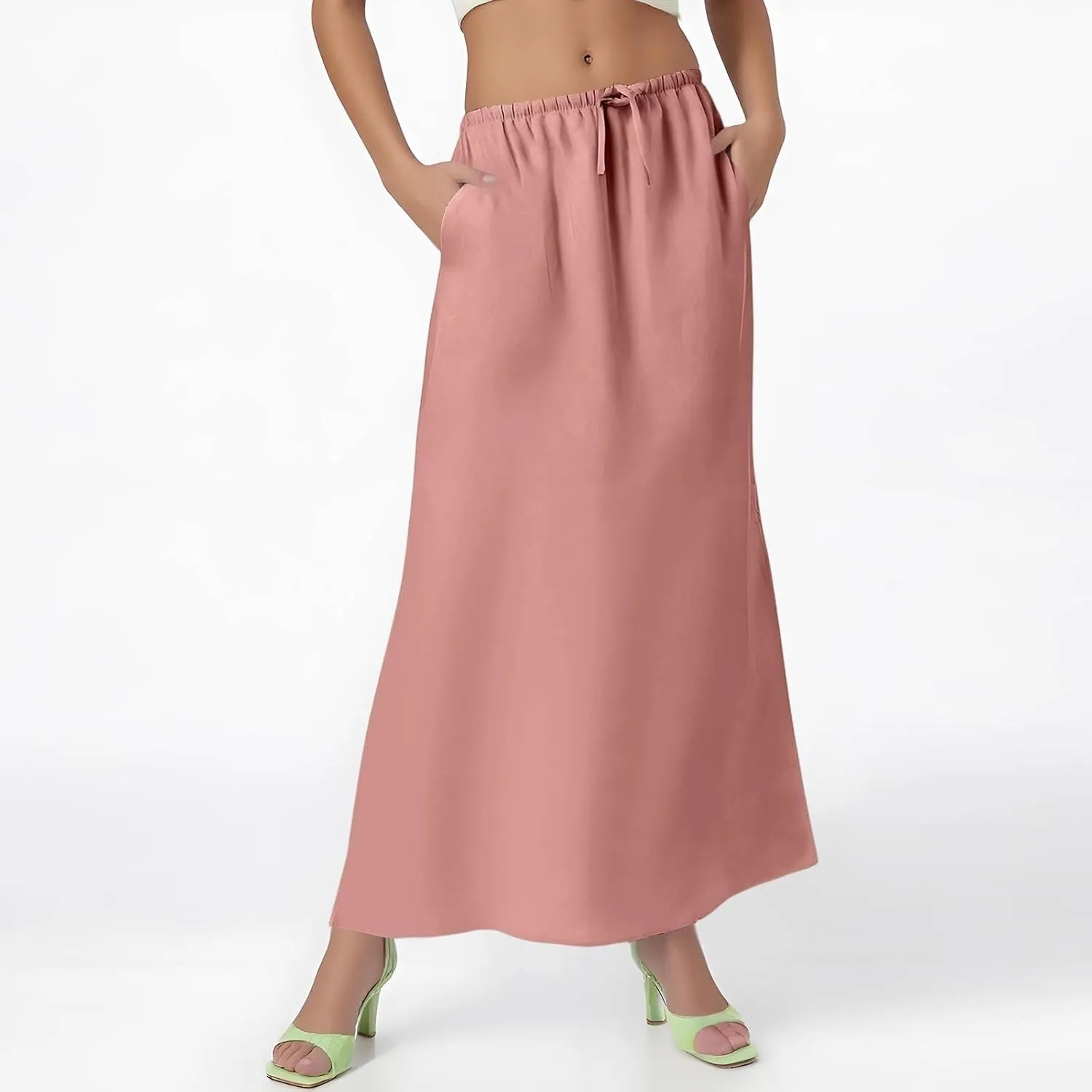 Linen Skirts for Women Drawstring High Waisted Back Slit Maxi Skirt Summer Vacation Long Pencil Skirt with Pockets