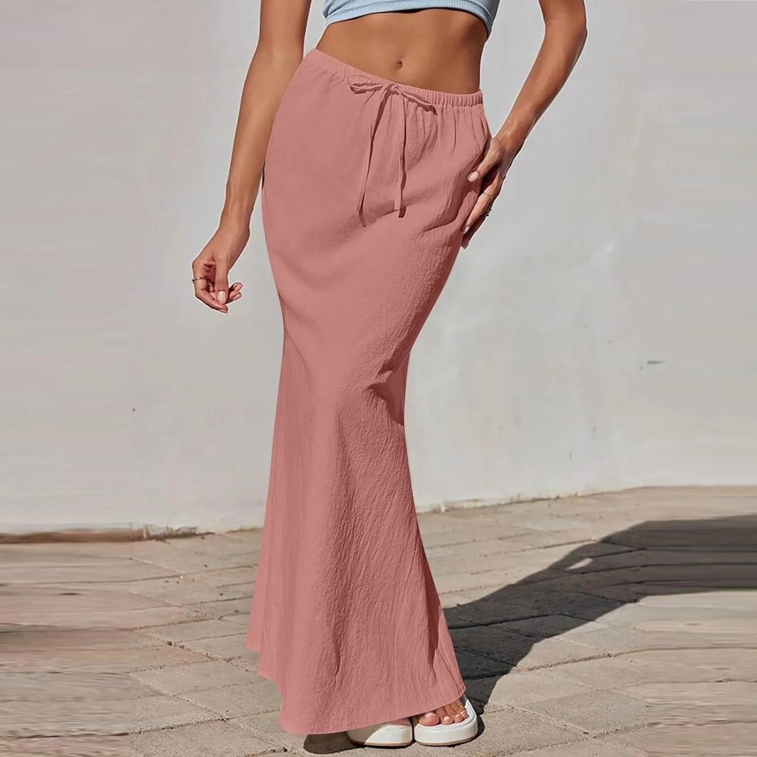Linen Skirts for Women Drawstring High Waisted Back Slit Maxi Skirt Summer Vacation Long Pencil Skirt with Pockets