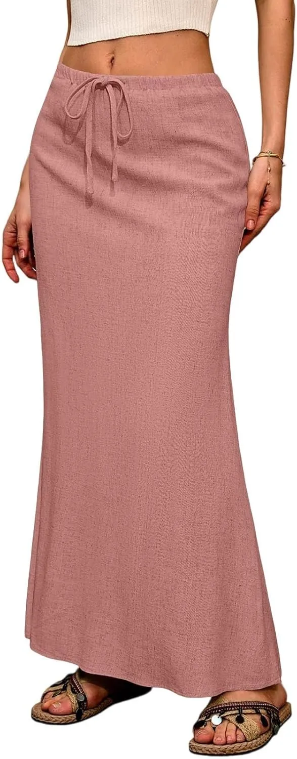 Linen Skirts for Women Drawstring High Waisted Back Slit Maxi Skirt Summer Vacation Long Pencil Skirt with Pockets