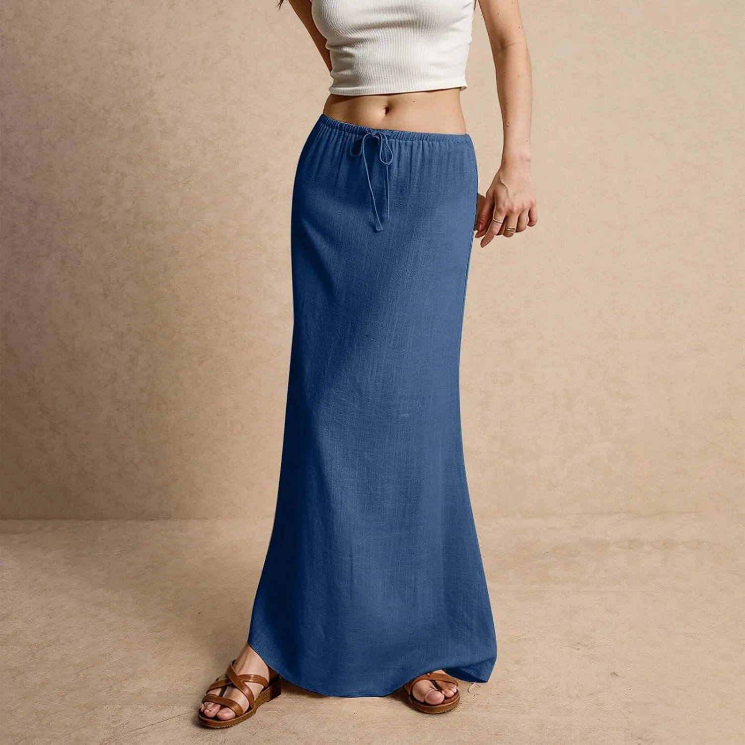 Linen Skirts for Women Trendy Summer Boho Flowy Low Waisted Drawstring Maxi Skirt Cute Casual A Line Skirts