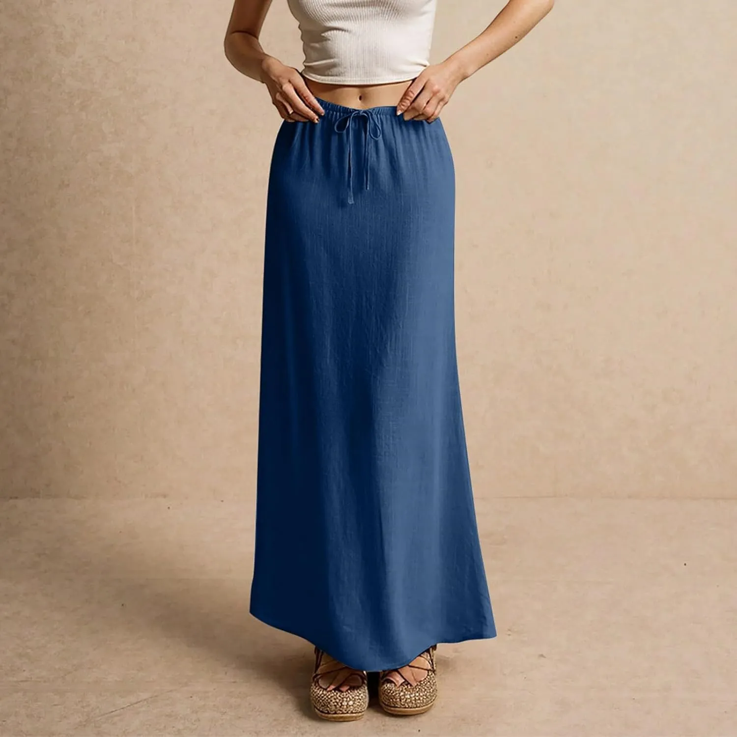 Linen Skirts for Women Trendy Summer Boho Flowy Low Waisted Drawstring Maxi Skirt Cute Casual A Line Skirts