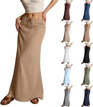 Linen Skirts for Women Trendy Summer Boho Flowy Low Waisted Drawstring Maxi Skirt Cute Casual A Line Skirts