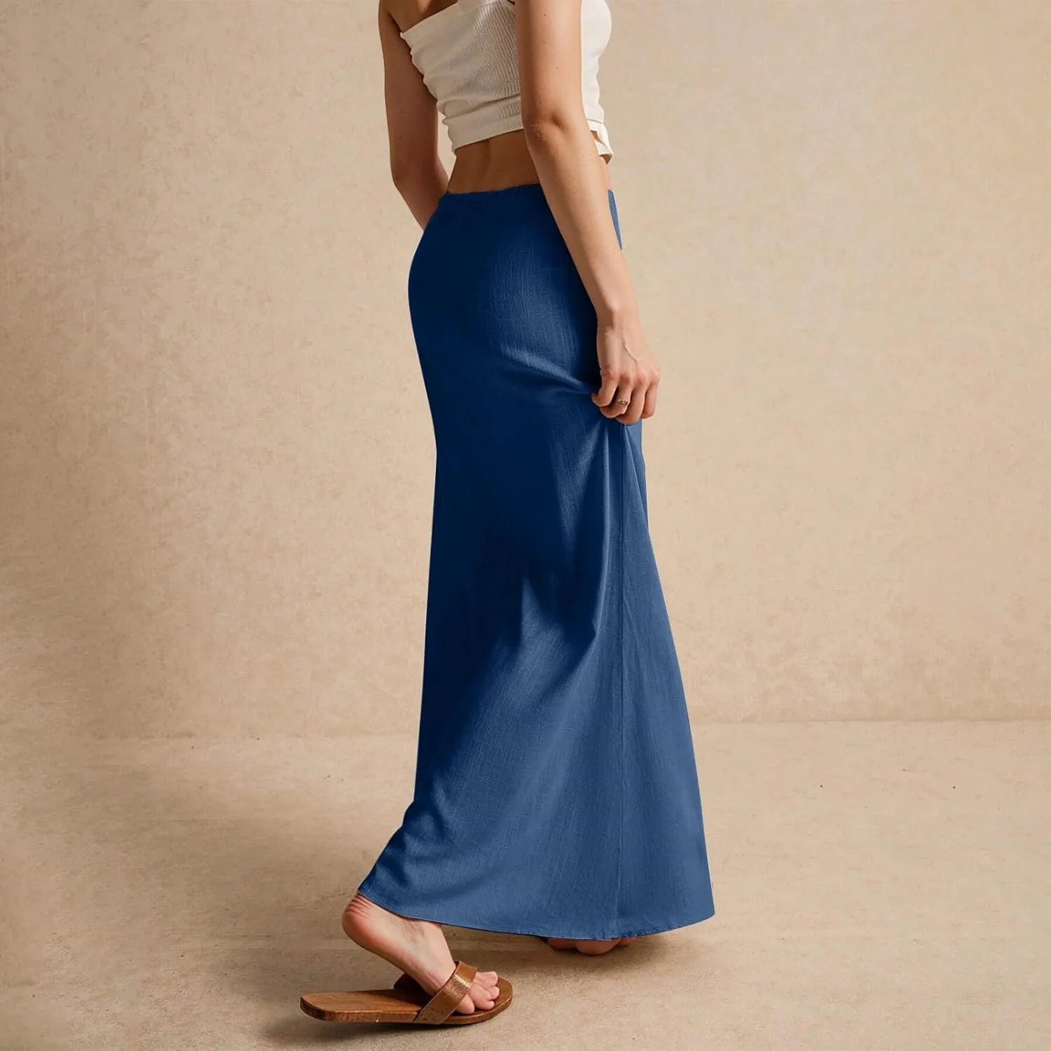 Linen Skirts for Women Trendy Summer Boho Flowy Low Waisted Drawstring Maxi Skirt Cute Casual A Line Skirts