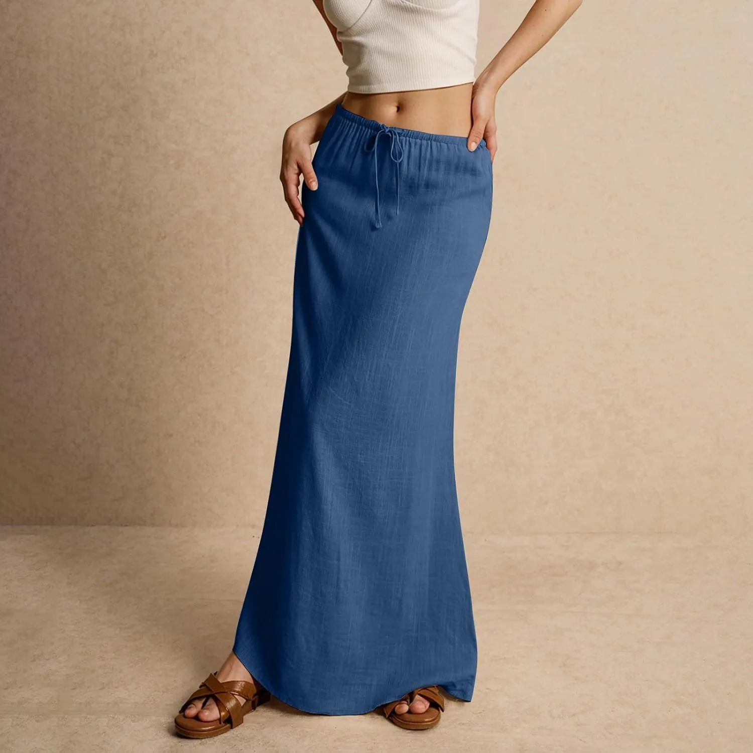Linen Skirts for Women Trendy Summer Boho Flowy Low Waisted Drawstring Maxi Skirt Cute Casual A Line Skirts