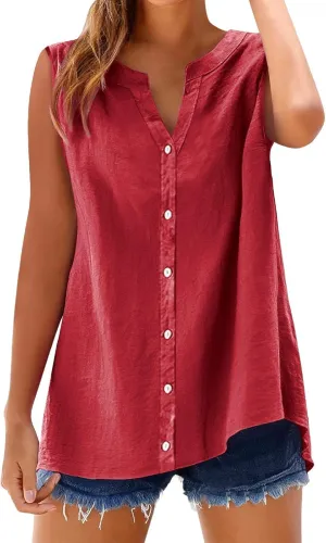 Linen Tank Top Women Trendy Button Down V Neck Side Split Summer Camisole Loose Casual 2025 Sleeveless Solid Outfits