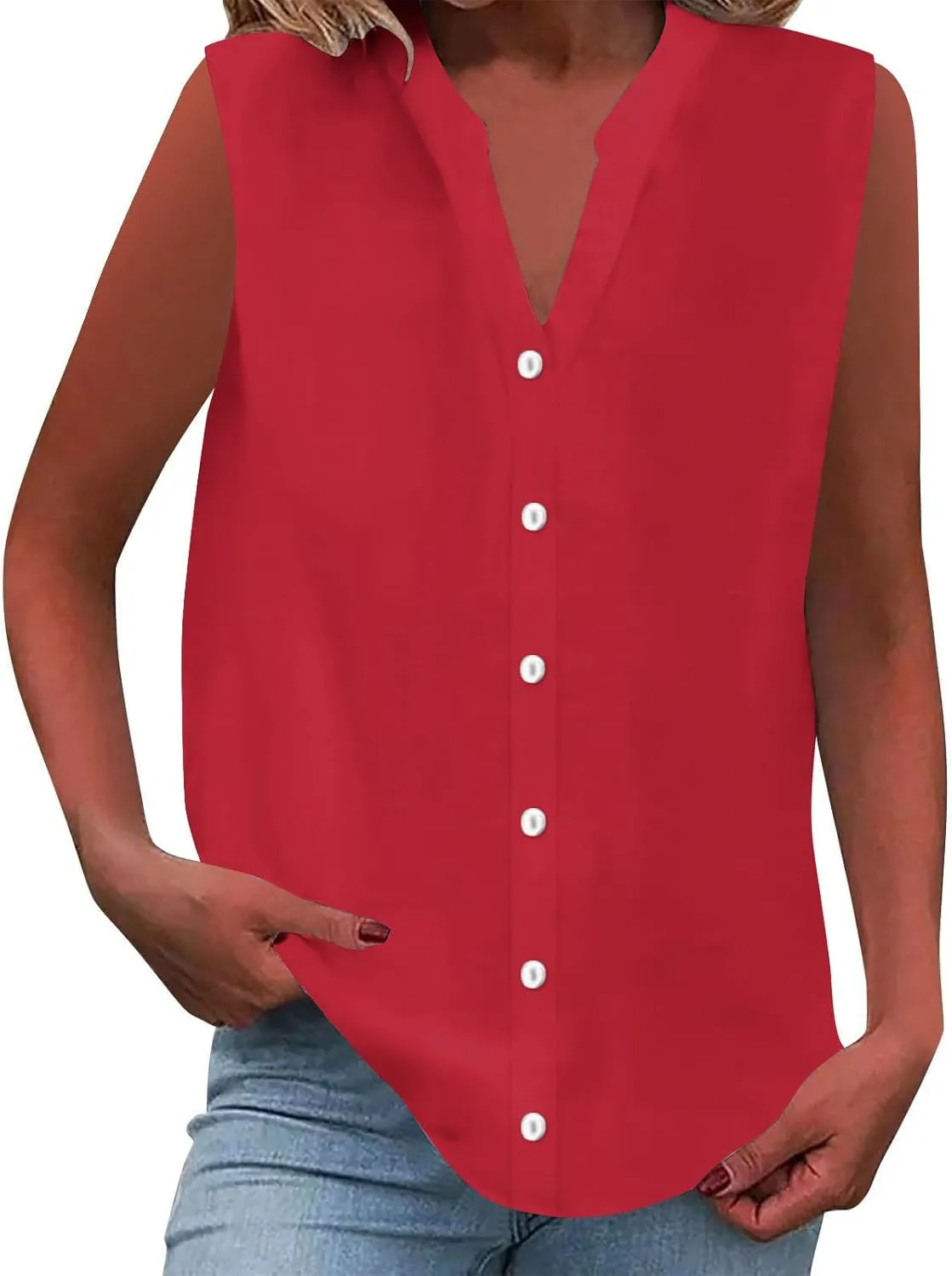 Linen Tank Top Women Trendy Button Down V Neck Side Split Summer Camisole Loose Casual 2025 Sleeveless Solid Outfits