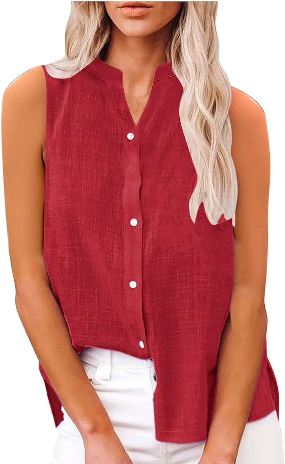 Linen Tank Top Women Trendy Button Down V Neck Side Split Summer Camisole Loose Casual 2025 Sleeveless Solid Outfits