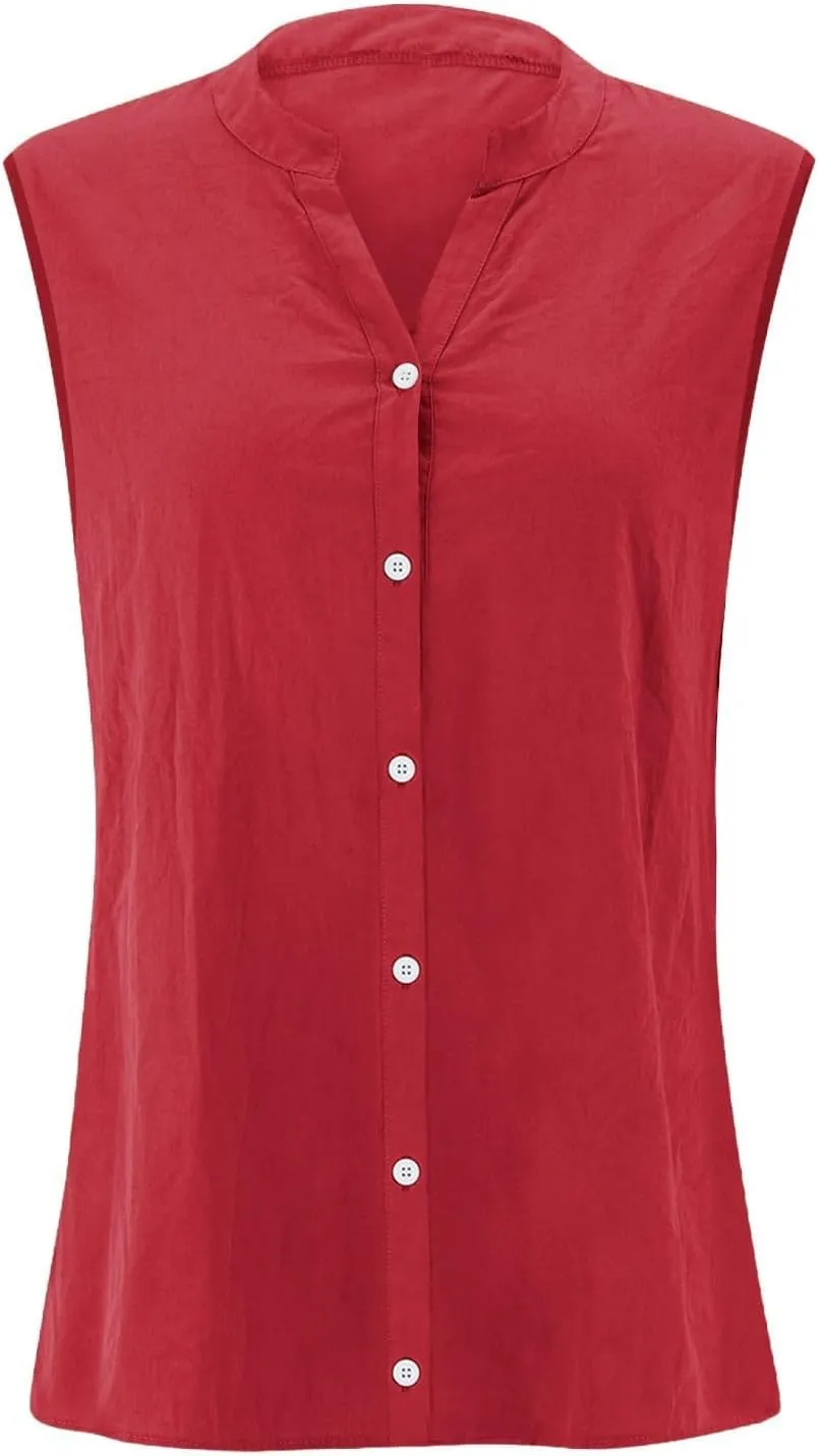 Linen Tank Top Women Trendy Button Down V Neck Side Split Summer Camisole Loose Casual 2025 Sleeveless Solid Outfits