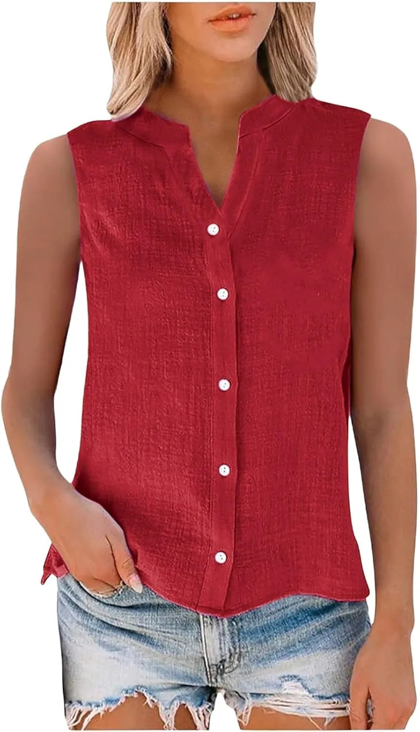 Linen Tank Top Women Trendy Button Down V Neck Side Split Summer Camisole Loose Casual 2025 Sleeveless Solid Outfits