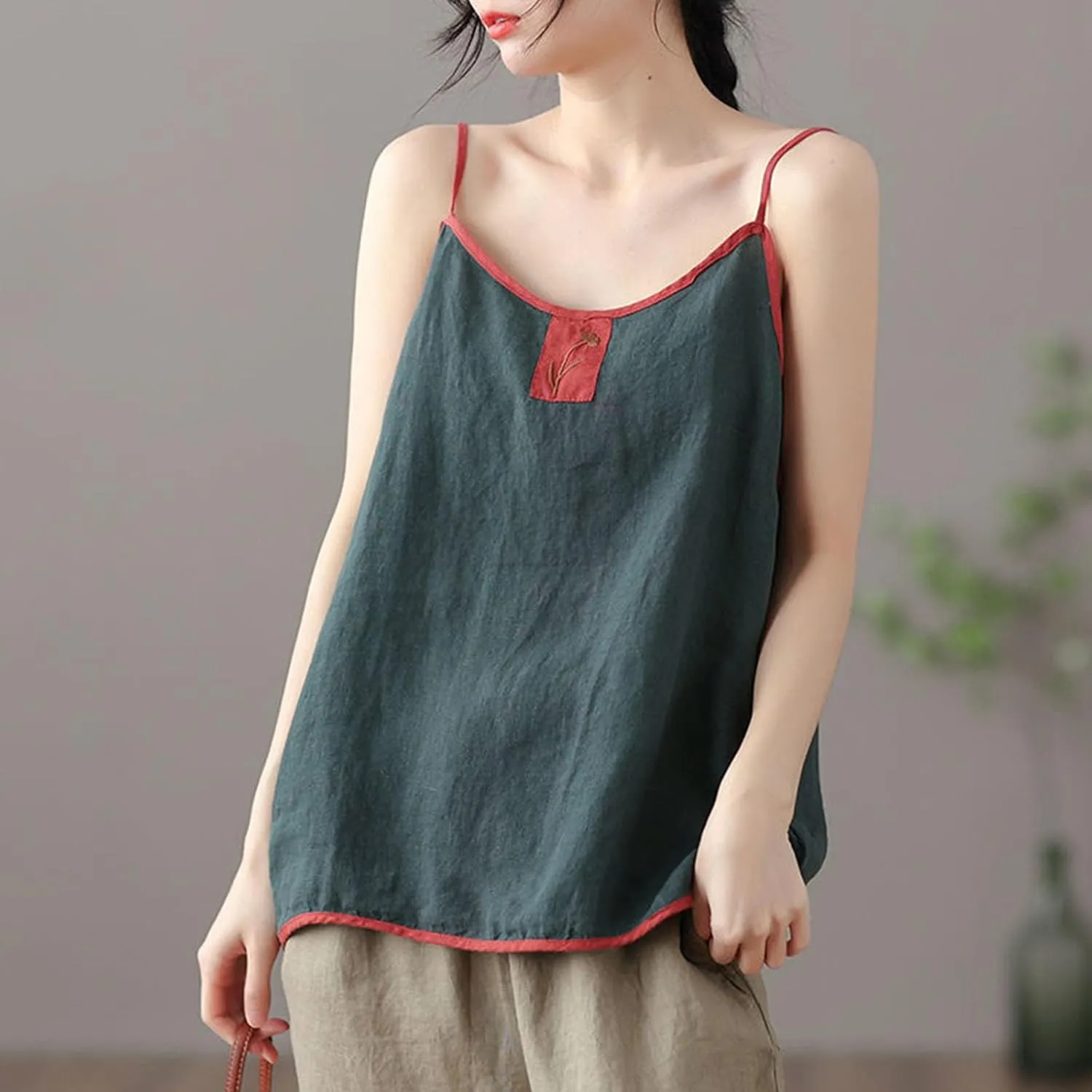 Linen Tank Tops for Women 2025 Plus Size Crewneck Spaghetti Strap Shirts Sleeveless Casual Trendy Beach Loose Tank